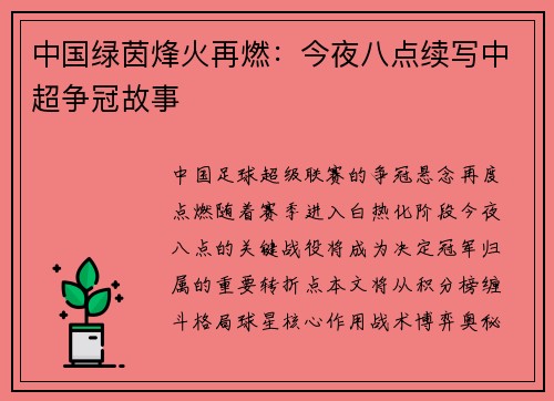 中国绿茵烽火再燃：今夜八点续写中超争冠故事