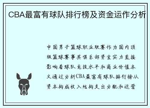 CBA最富有球队排行榜及资金运作分析
