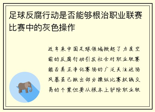 足球反腐行动是否能够根治职业联赛比赛中的灰色操作